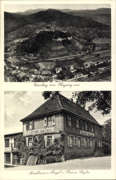 Postcard Ortenberg in Hesse, aerial view of Gasthaus zum Engel, two-story building