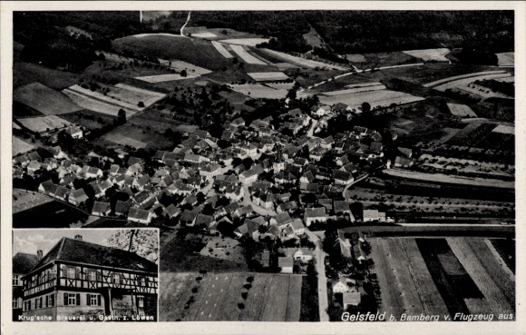 Ak Geisfeld Strullendorf in Oberfranken, Luftbild von Geisfeld, Krug'sche Brauerei, Gasthaus zum 