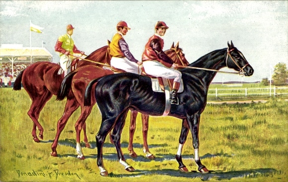 Kunstenaar Ak Donadini Jr., jockeys op renpaarden