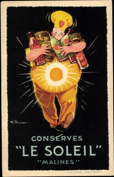 Ak Reklame, Conserves Le Soleil, Malines, Dicker Mann mit Konserven