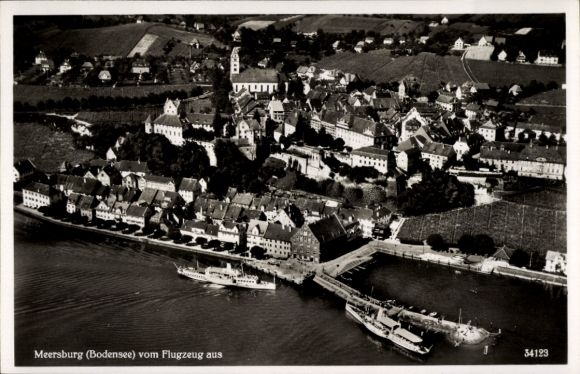 Postcard Meersburg on Lake Constance, view over the town, ship