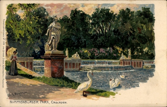 Kunstenaarsbriefkaart Nymphenburg München Beieren, park, watervallen, zwanen