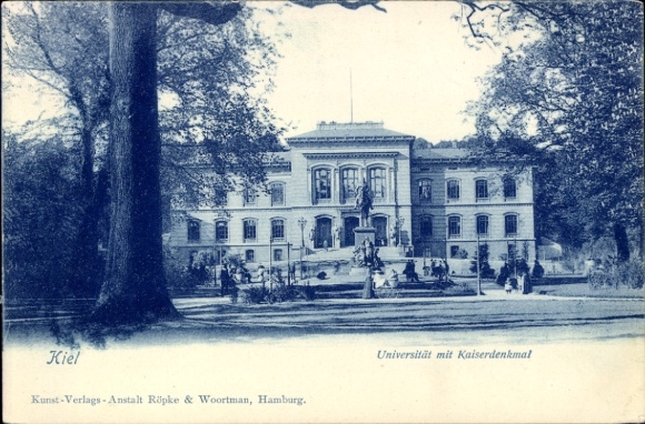 Ak Kiel, Universität mit Kaiserdenkmal,  Kunst-Verlags-Anstalt Röpke & Woortman