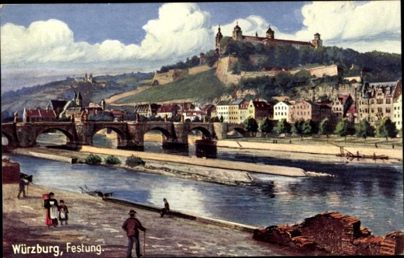Artist Postcard Würzburg am Main Lower Franconia, Marienberg Fortress, Bridge, Mainpartie
