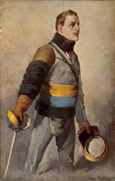 Studentika artist Postcard Mühlberg, Georg, Why stop, student at the Mensur
