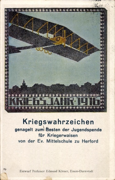 Postcard Herford, war landmark, youth donation for war orphans, nailing