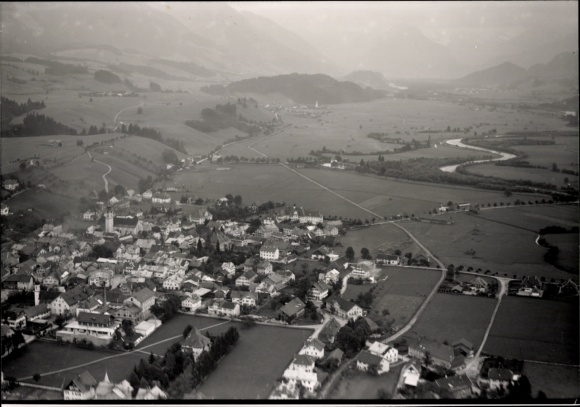Postcard Sonthofen in the Oberallgäu Swabia, The picture shows a black and white aerial photograph of Sonthofen.
