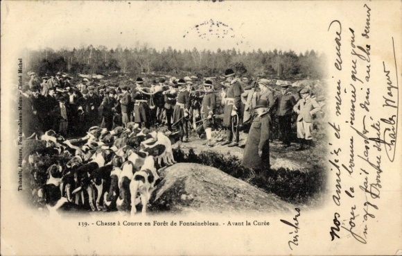 Ak Fontainebleau Seine et Marne, Jagd mit Hunden, Gruppen von Jägern und Hunden, Waldlandschaft