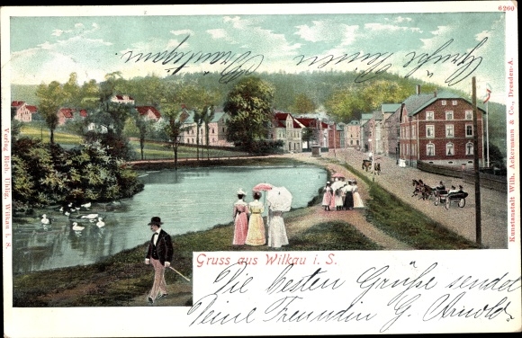 Postcard Wilkau Haßlau in Saxony, street section at the pond
