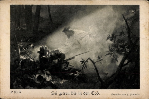 Artist Postcard Pauwels, F., Be faithful until death, dying soldier, Christ apparition