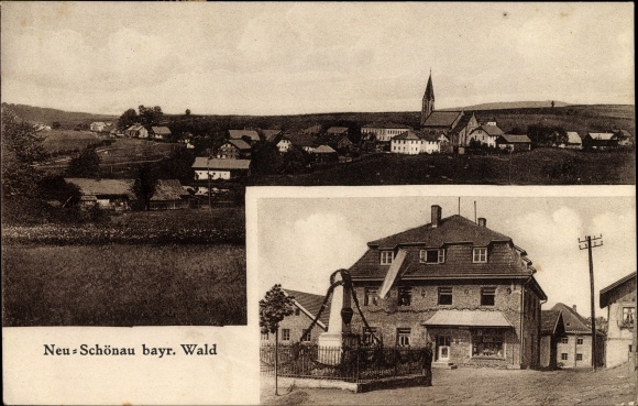 Ak Neuschönau in Niederbayern, monument, plot, panorama van de plaats