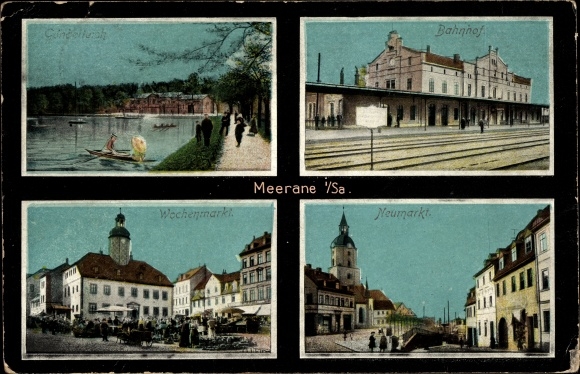 Postcard Meerane in Saxony, gondola pond, train station, weekly market, Neumarkt