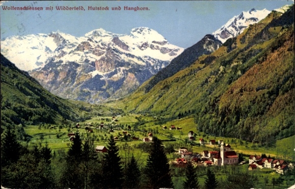 KP Wolfenschiessen Kt. Nidwalden, krajobraz górski, Widderfeld, Hulstock, Hanghorn, widok na wieś