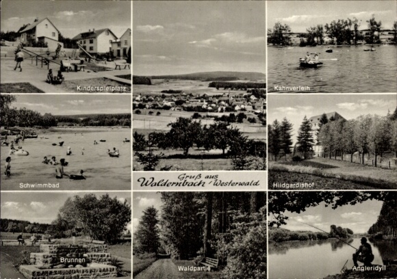 Postcard Waldernbach Mengerskirchen in the Westerwald, swimming pool, fountain, Hildgardishof, playground