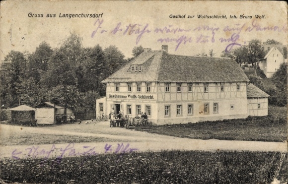Postcard Langenchursdorf Callenberg in Saxony, Gasthaus Wolfs-Schlucht, Inn, Owner Bruno Wolf, L...