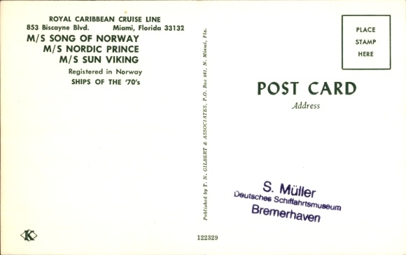 Postcard cruise ship Royal Caribbean Cruise Line, MS Song of Norway, MS Nordic Prince, MS Sun Viking