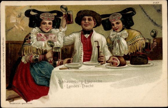 Postcard Schaumburg Lippe State Costume, Dining Table