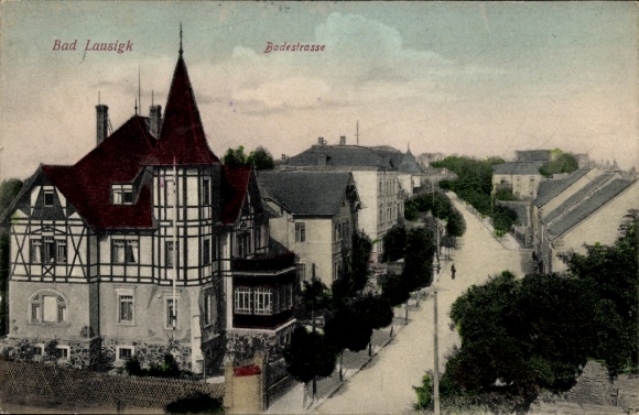 Ak Bad Lausigk Bad Lausick in Sachsen, Fachwerkhaus, Badestraße, Stadtansicht, kostengünstige Kar