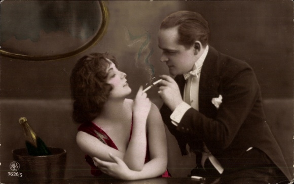 Postcard man and woman smoking cigarettes, champagne bottle