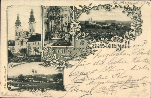 Ak Fürstenzell in het district Passau in Neder-Beieren, kerk, altaar, panorama van de plaats