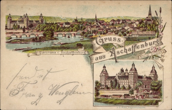PC Aschaffenburg in Lower Franconia, panorama of the Royal Castle, colored illustration