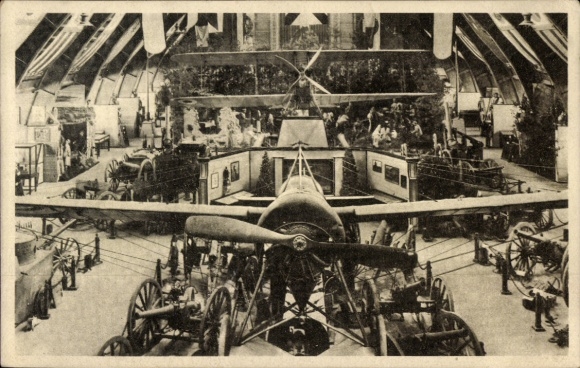 Postcard War Exhibition Hanover, general view, exhibition hall, aircraft, guns