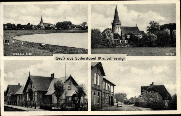 Ansichtkaart Süderstapel in Sleeswijk-Holstein, kavel bij de Eider, kerk, school, lokale kavel
