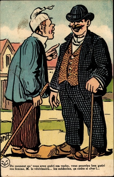 Artist Postcard Griff, farmer, man with walking stick, conversation, You moment qu&#39; vous avez gueri ma vache...