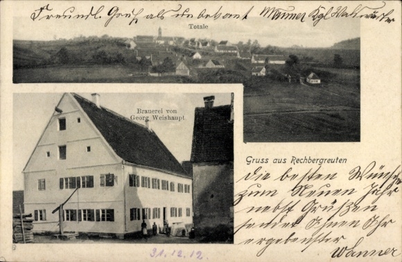 Postcard Rechbergreuten Rechbergreuthen Winterbach in Swabia, Panorama, Brewery Georg Weishaupt