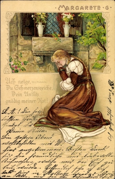 litho Margarete G. in reliëf, treurige jonkvrouw leunend tegen de muur