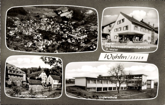 Postcard Grenzach Wyhlen in Baden, shop F. Maier, aerial photography, Lindenschule, Kloster Himmelspforte
