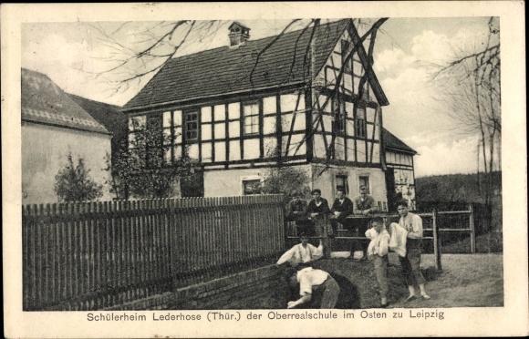 Postcard Lederhose Münchenbernsdorf in Thuringia, dormitory of the Oberrealschule in the east of Leipzig