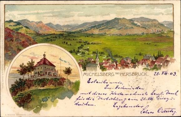 Künstler Litho Hersbruck im Nürnberger Land Bayern, Michelsberg, Ortschaft mit Landschaftsblick