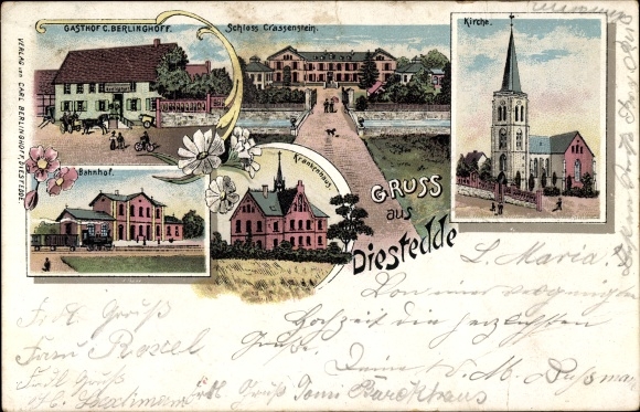 Chromo-Litho Diestedde Wadersloh in Westphalia, Crassenstein Castle, inn, train station, hospital