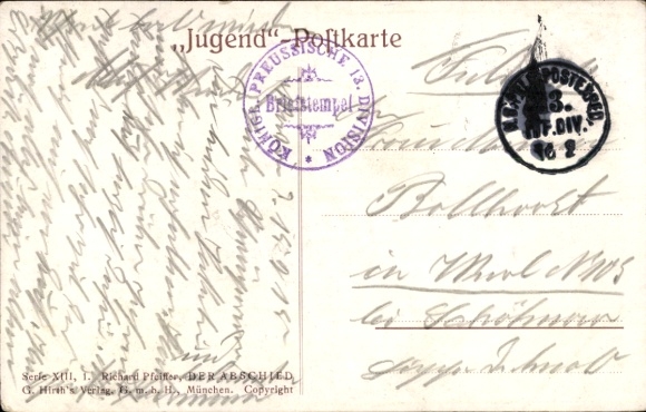 Kunstenaarskaart Pfeiffer, Richard, afscheid, man, hond