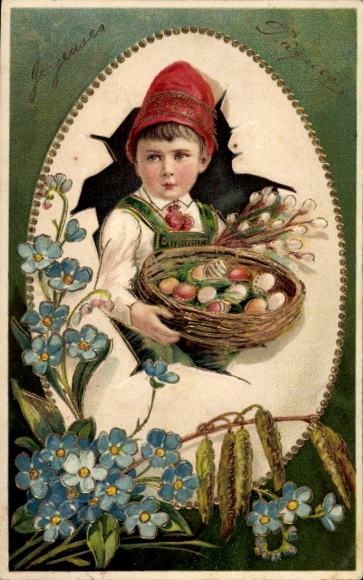 Embossed PC Easter, boy in traditional costume, Easter eggs, pussy willow, forget-me-not