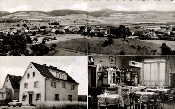 Postcard Niederellenbach Alheim in Hessen, Gaststätte Ackers, Panorama