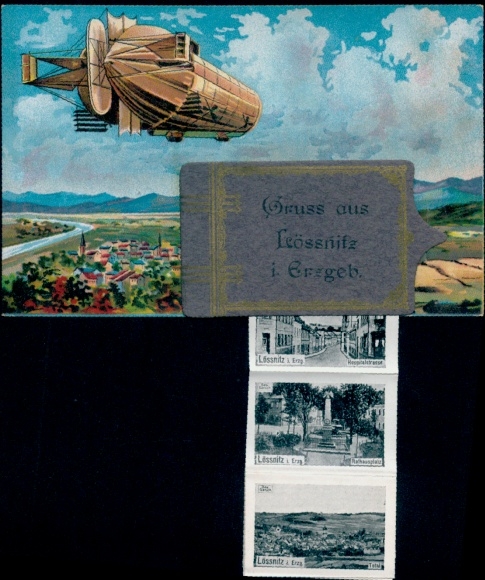 Leporello Postcard Lößnitz Lössnitz in the Ore Mountains, stagecoach, general view, market, street section