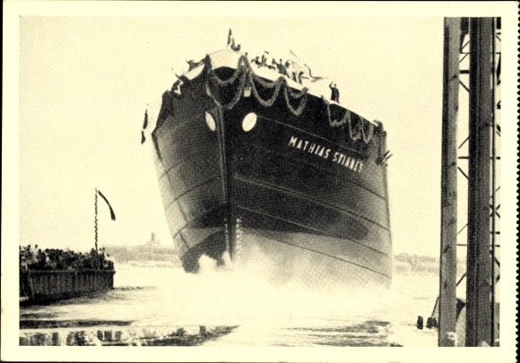 Postcard MS Mathias Stinnes, launch in Flensburg