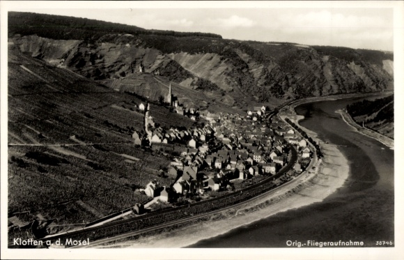 Postcard Klotten on the Mosel, black and white aerial photograph, vineyards, Mosel, small town, houses