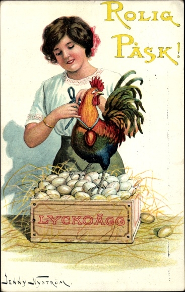 Artist PC Nyström, J., Happy Easter, girl, rooster with medal, Easter eggs