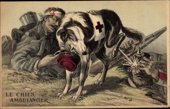 Artist PC Le Chien Ambulance, Red Cross, medical dog pees on German soldiers