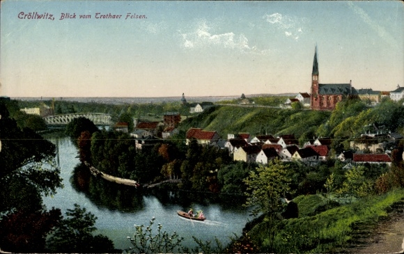 Postcard Kröllwitz Cröllwitz Halle an der Saale, panoramic view of river, church, landscape