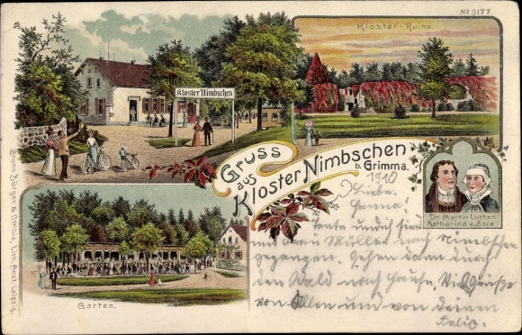 Litho Nimbschen Böhlen Grimma in Saksen, Nimbschen klooster, Martin Luther, Katharina v. Bora