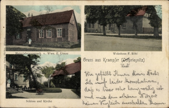 Postcard Krampfer Plattenburg in the Prignitz, residential building of F. Röhl, material goods store of Wwe. E. Uen...