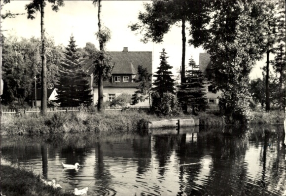 Postcard Grumbach Wilsdruff Saxony, idyllic landscape, pond, ducks, trees, buildings