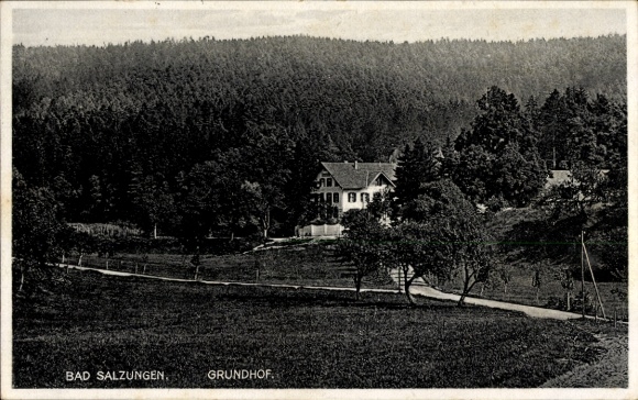 Postcard Bad Salzungen in the Wartburg district, view to the Grundhof in front of the forest