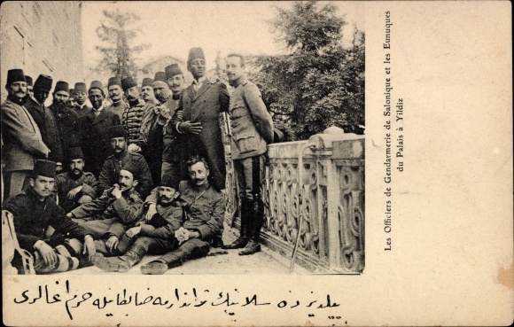 Postcard Palais Yildiz, officers of the Gendarmerie of Thessaloniki, eunuchs