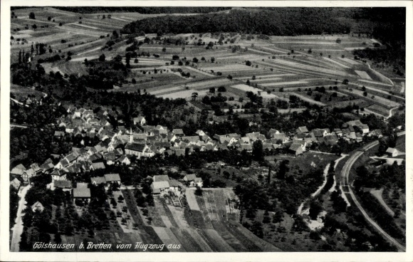 Postcard Gölshausen Bretten in Baden, aerial view of Goldshausen, landscape, houses, streets