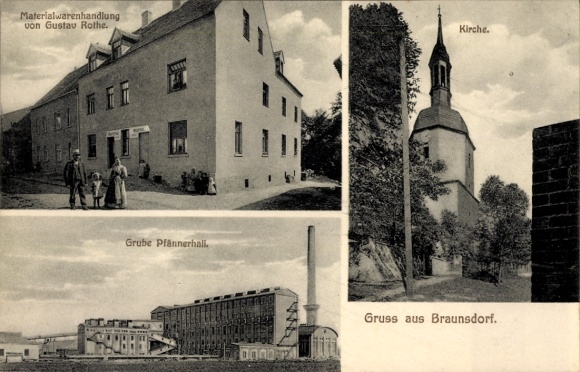 Postcard Braunsdorf Wilsdruff Saxony, material store, Pfännerhall mine, church, greetings from Brau